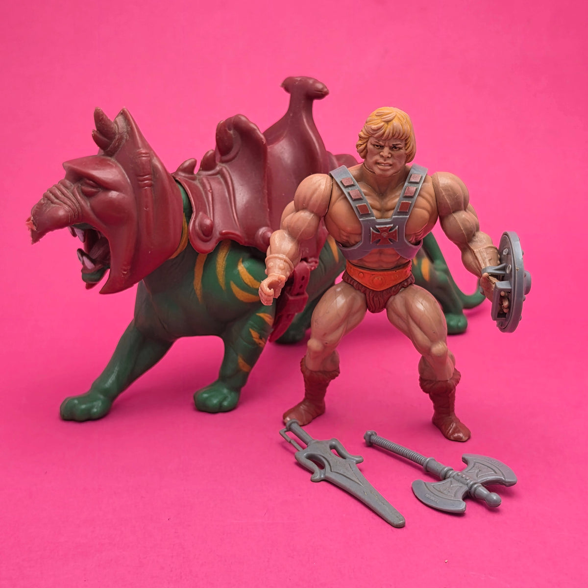 MASTERS OF THE UNIVERSE ☆ HE-MAN & BATTLE CAT Complete Vintage Figure ☆ MOTU 80s Mattel