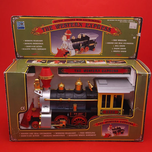 THE WESTERN EXPRESS ☆ BATTERY OPERATED SMOKESTACK ACTION Train Vintage ☆ Boxed IC Sound