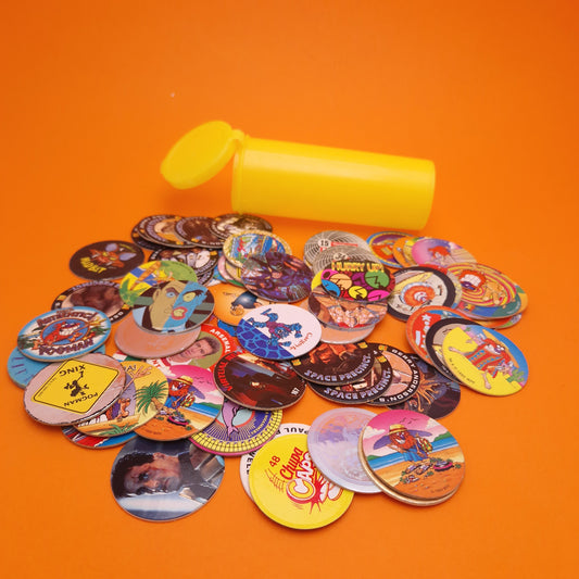 POG ☆ 66x Assorted POGS MEGA PACK Milk Caps ☆ Pog container Vintage
