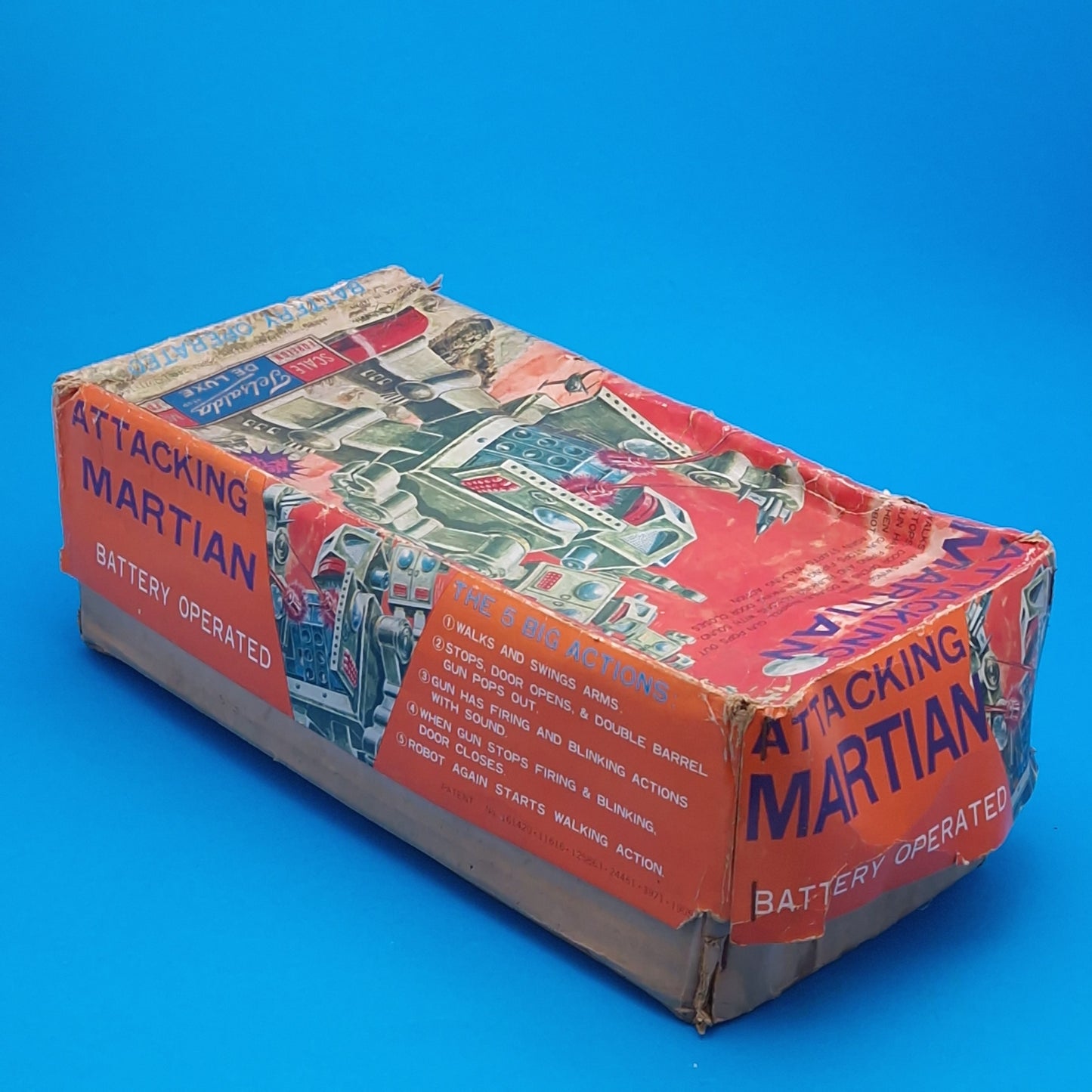 HORIKAWA JAPAN ☆ ATTACKING MARTIAN ROBOT Tin Battery Operated GOLD Space Figure ☆ Vintage BOXED Original 1960s