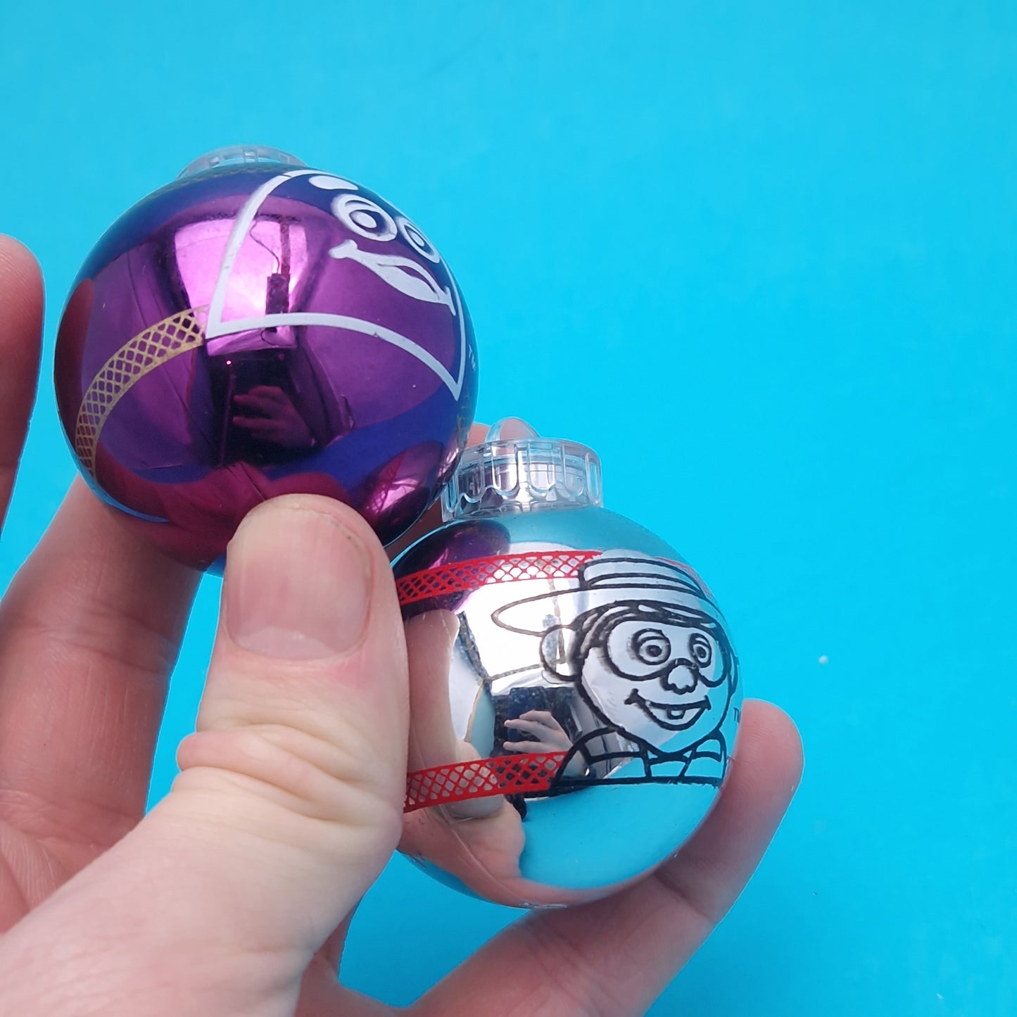 MCDONALDS ☆ CHRISTMAS BAUBLE x2 GRIMACE HAMBURGLER ☆ 1989 Happy Meal
