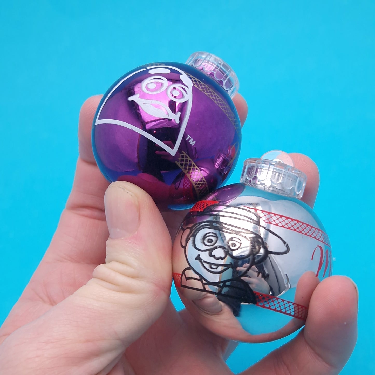 MCDONALDS ☆ CHRISTMAS BAUBLE x2 GRIMACE HAMBURGLER ☆ 1989 Happy Meal