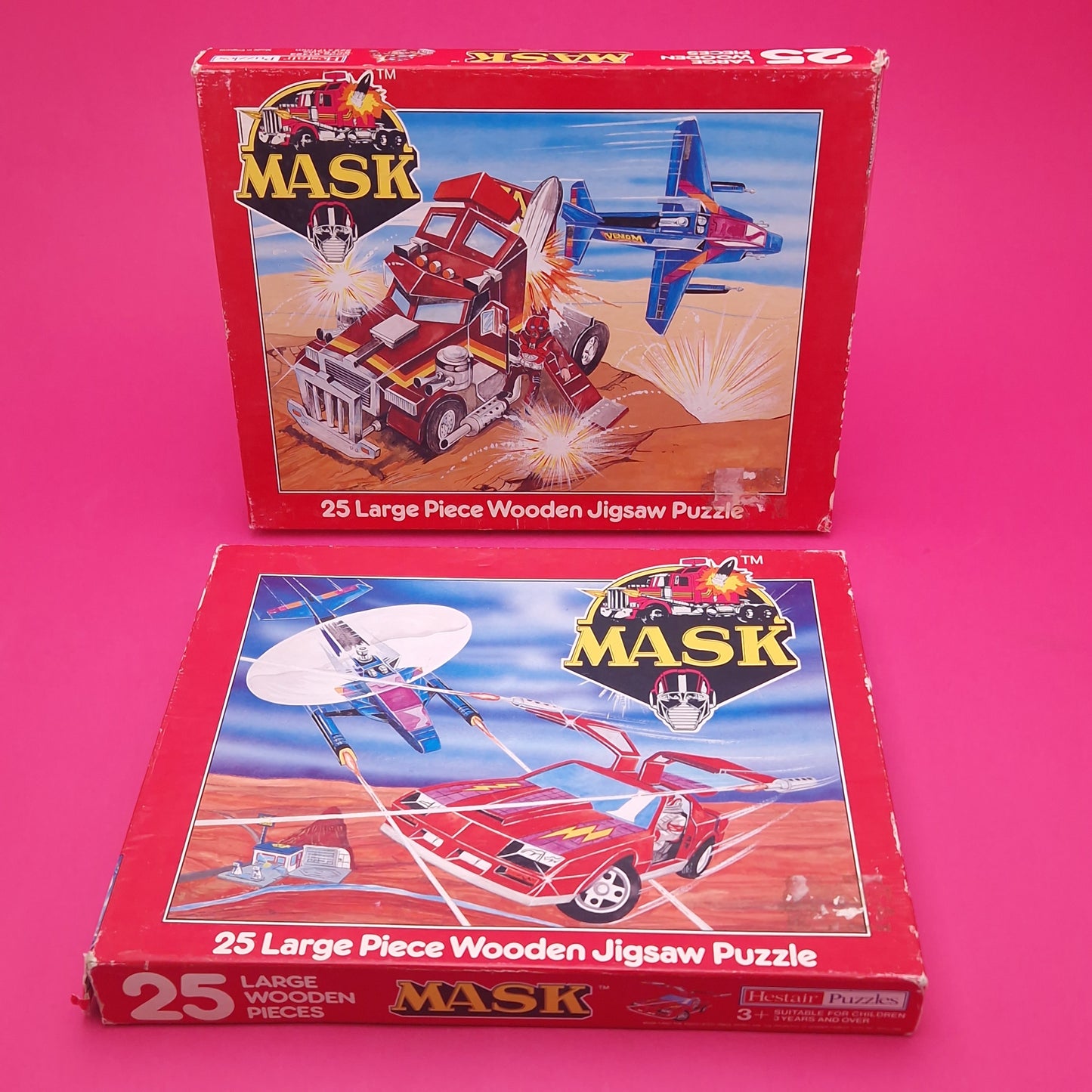 M.A.S.K ☆ 2x WOODEN 25 Large Piece JIGSAW Boxed Rhino Thunderhawk ☆ Hestair Vintage 80s Rare