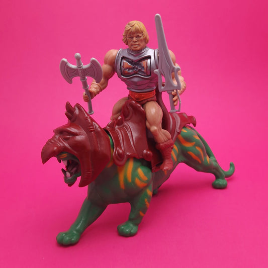 MASTERS OF THE UNIVERSE ☆ BATTLE ARMOUR HE-MAN & BATTLE CAT Vintage Figure ☆ MOTU Loose 80s Mattel